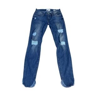 Frame Denim Le Skinny de Jeanne Blue Distressed Frayed Tulip Hem Jeans Womens